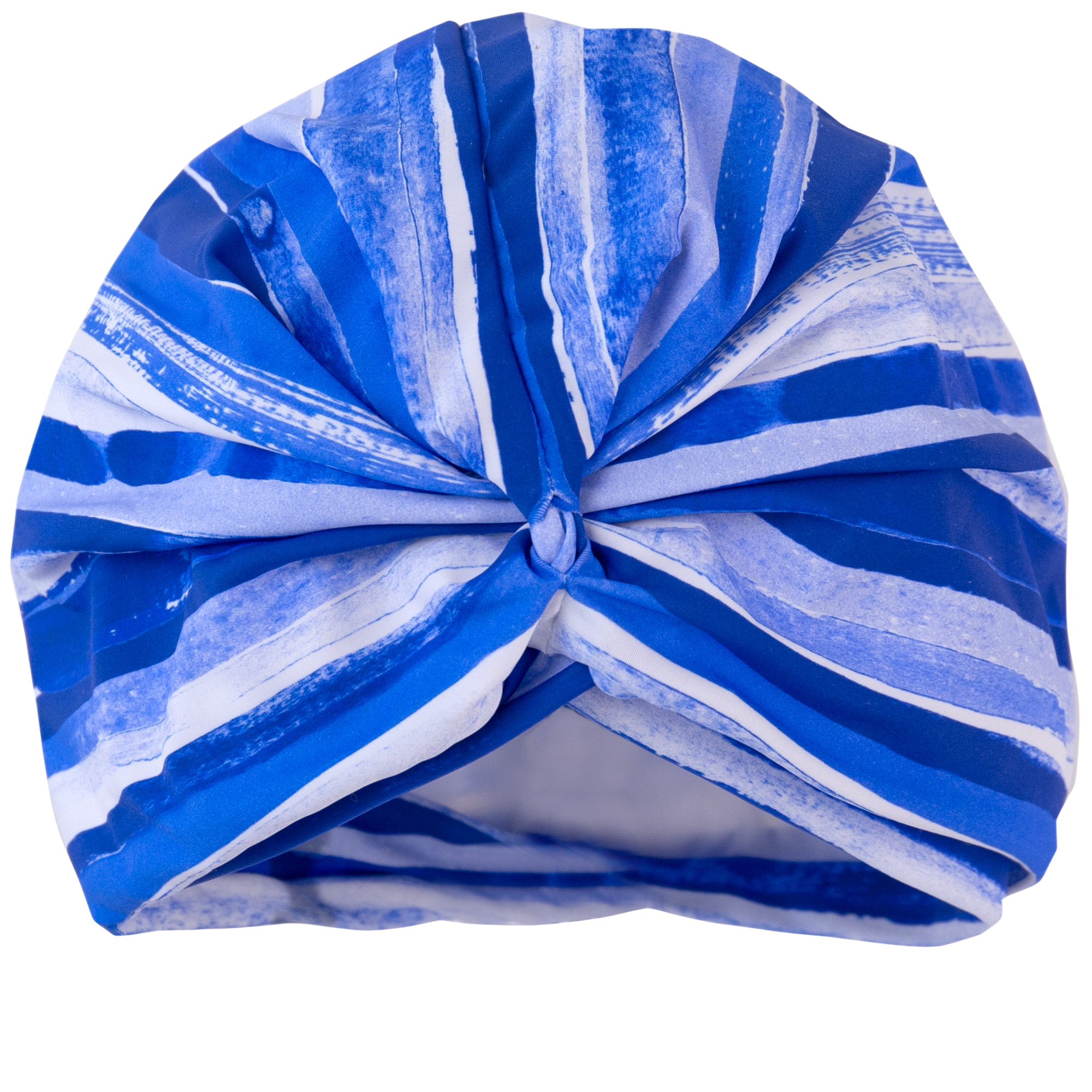 Blue & white wave print lycra pull on waterproof shower turban, with pretty gathered knot at front.