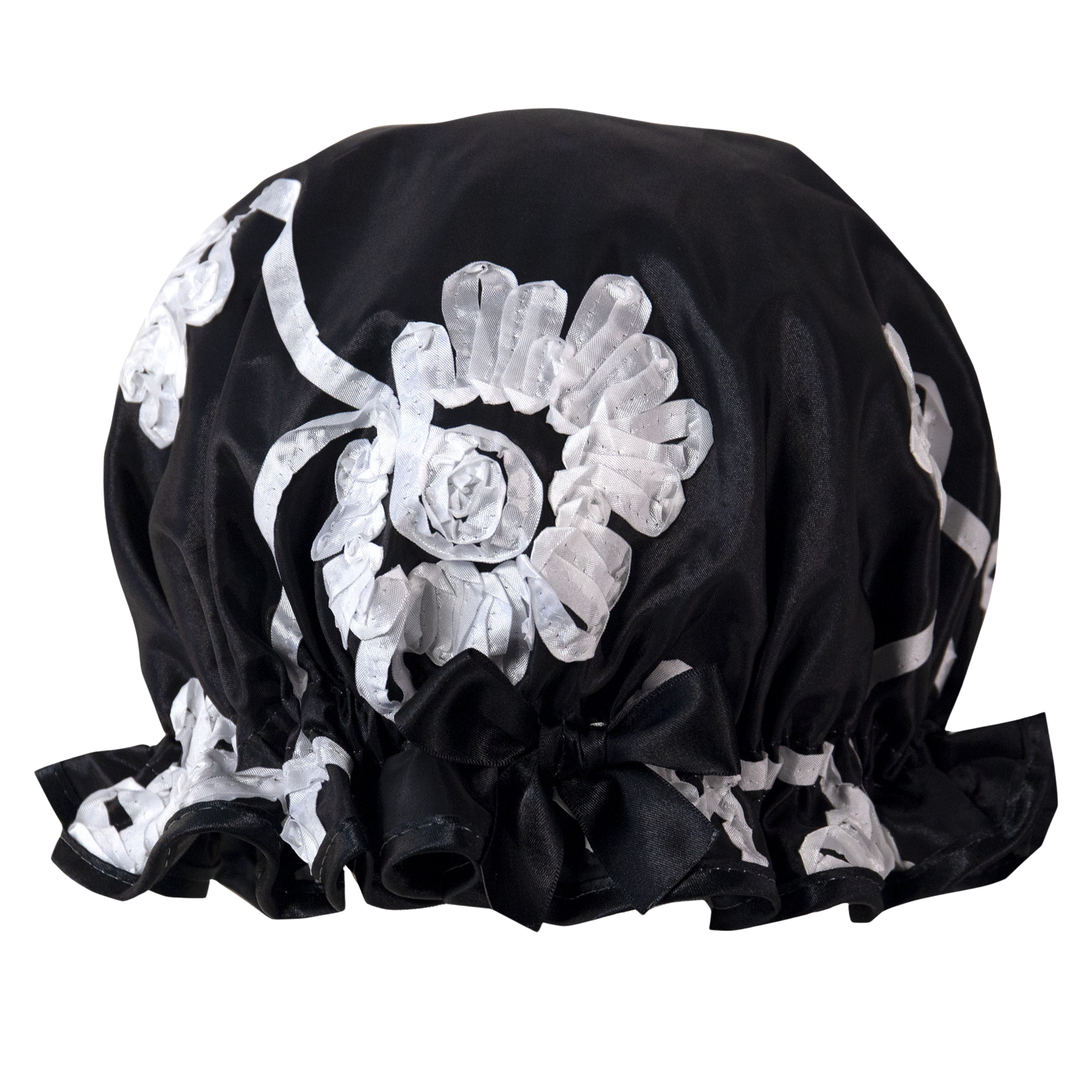 Vintage style women's shower cap. Swirls of white ribbons on a black background. Trimmed in black with matching satin bow.