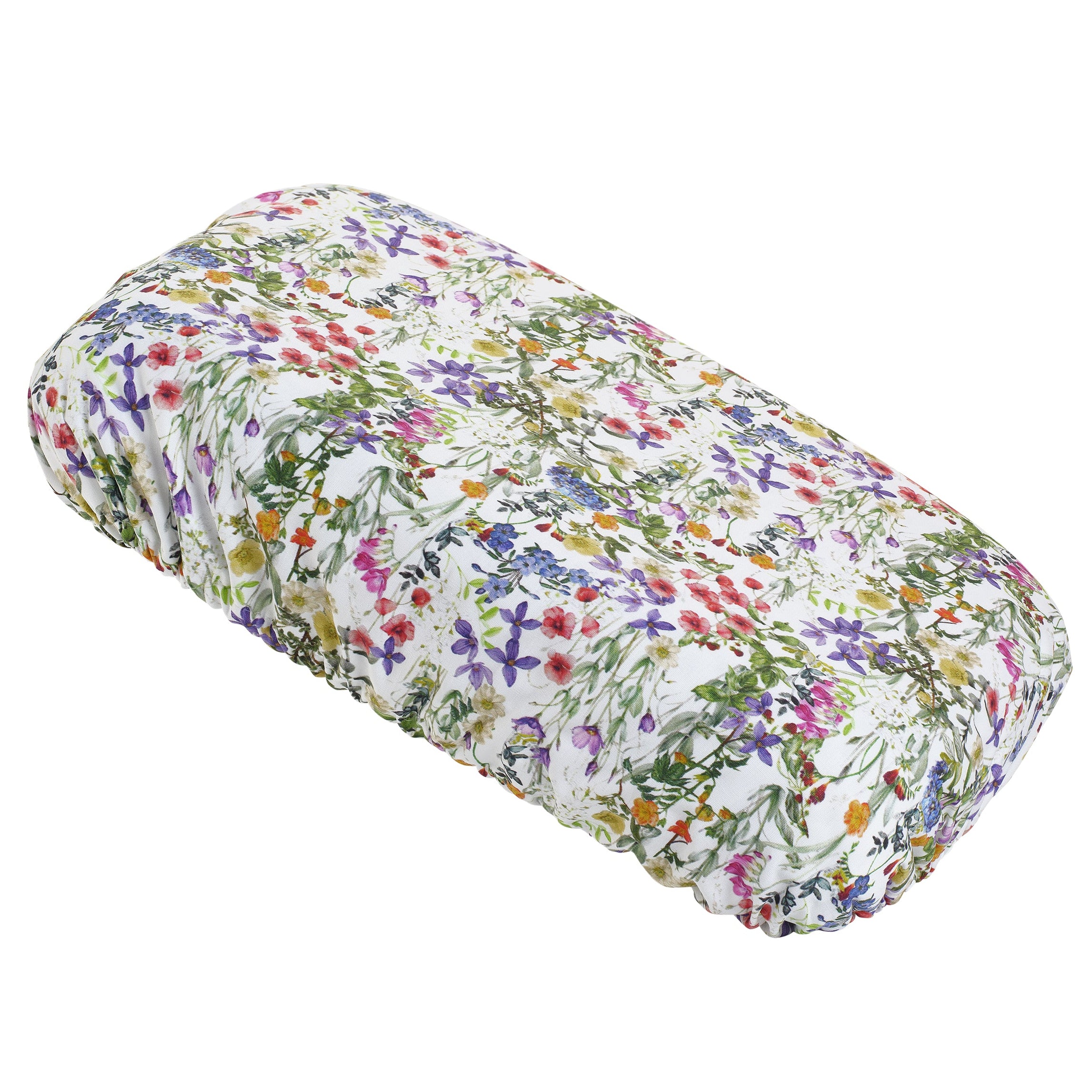 Soft waterproof rectangular bath pillow covered in a pastel pink and green cotton print. Two suckers on reverse.