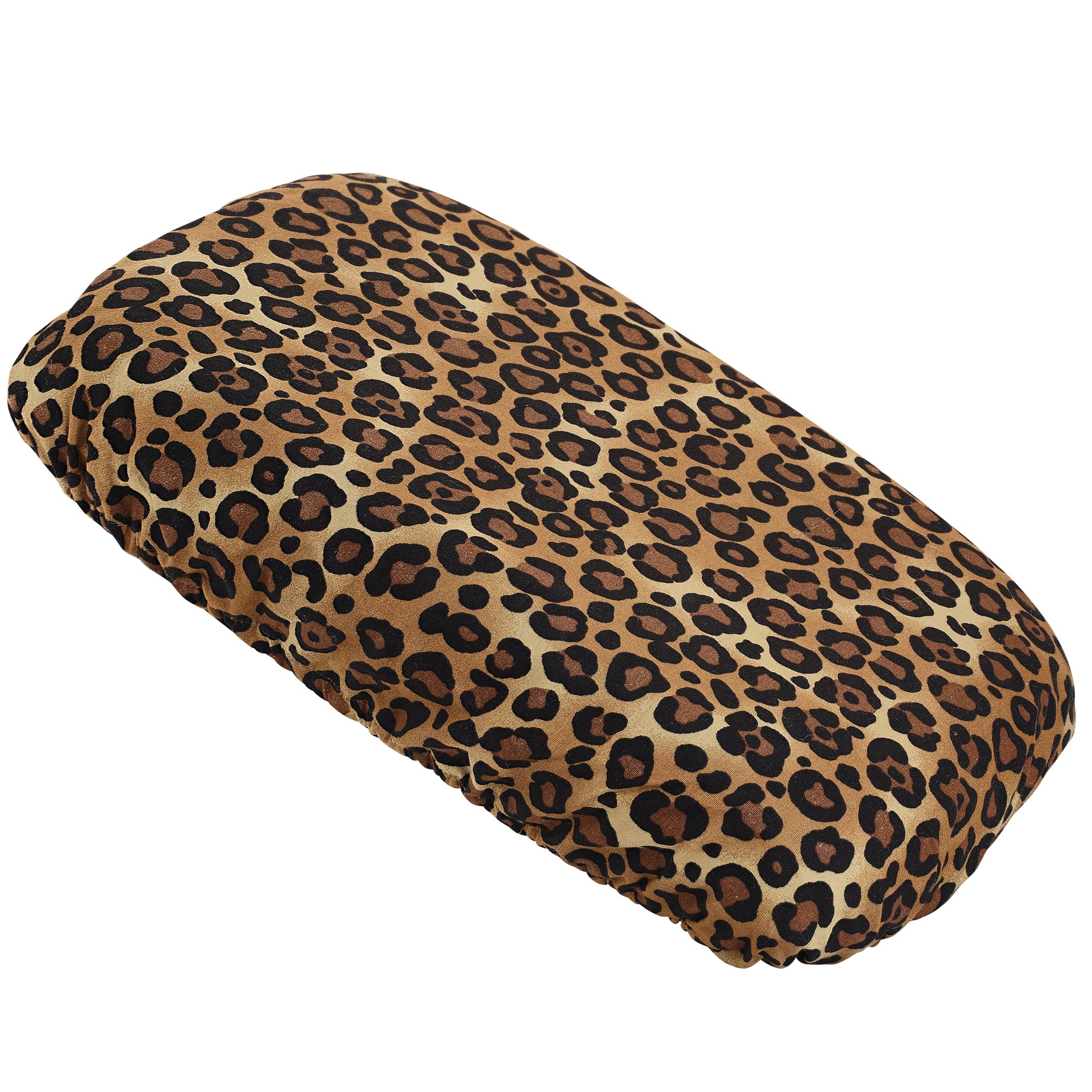 Leopard print bath pillow on a white background