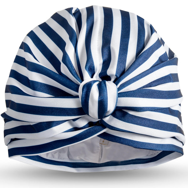 Blue and white stripe lycra pull on waterproof turban, with pretty gather and knotted at front.