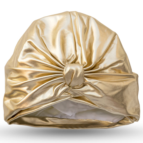 Gold lycra pull on waterproof turban, with pretty gather and knotted at front.