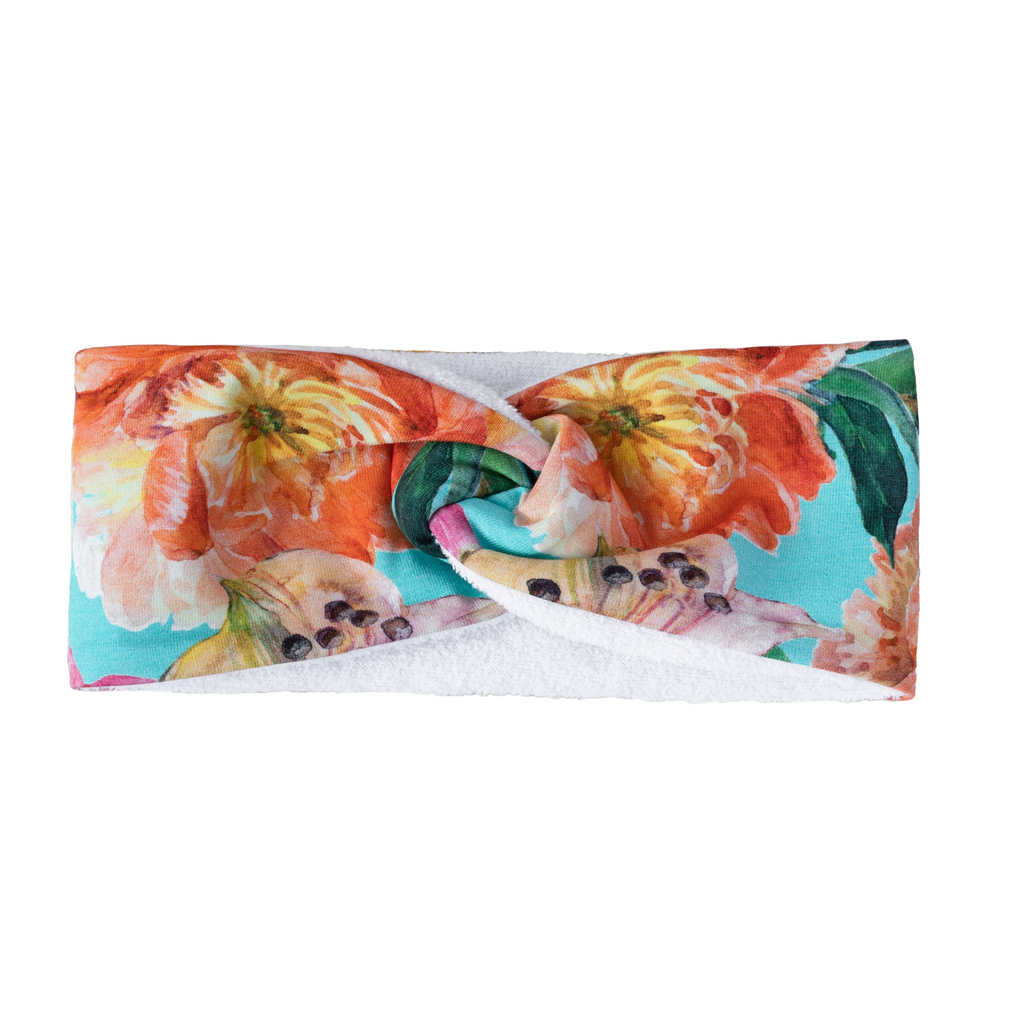 Bright multicoloured floral print lycra hairband, with white microfibre lining, with twist at top