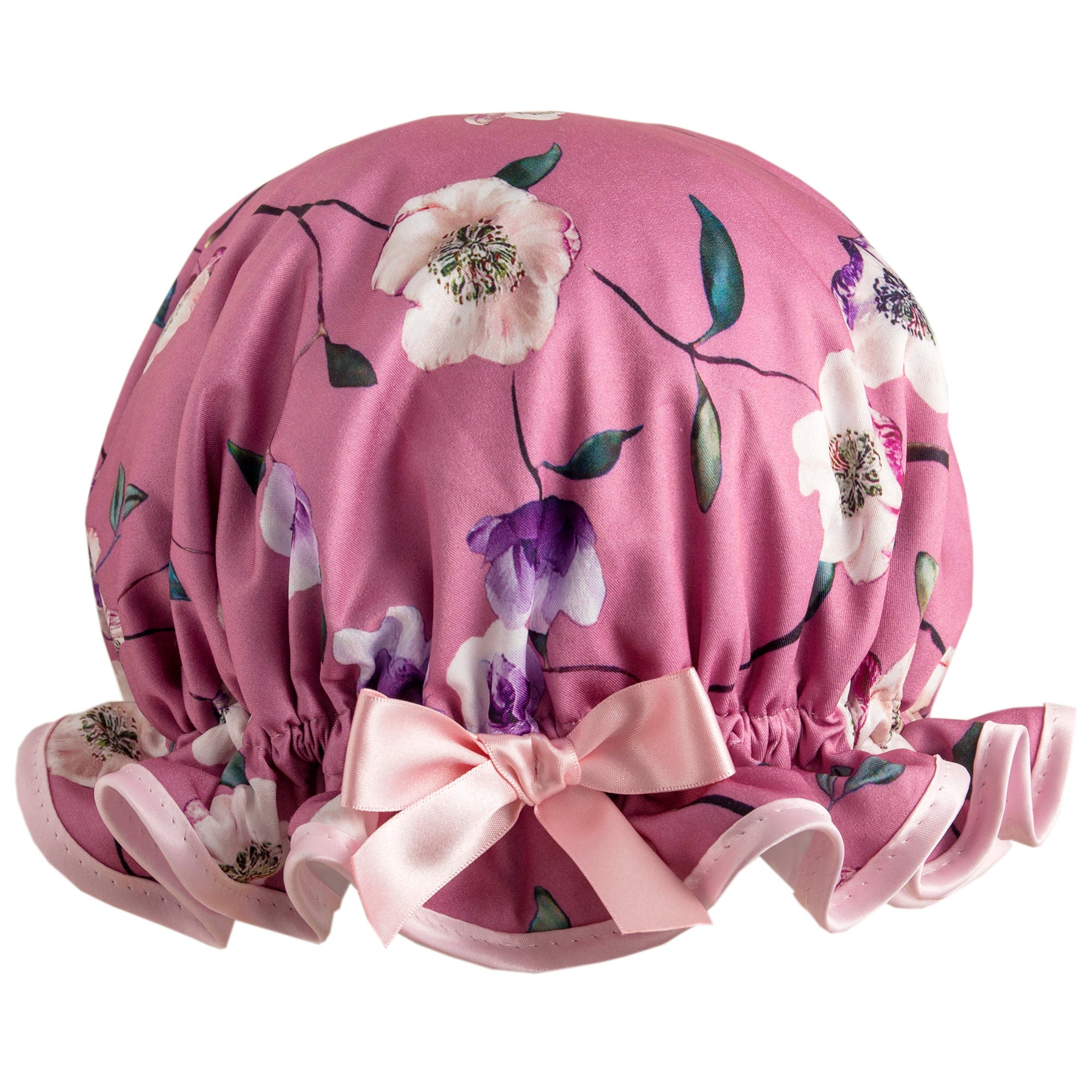 Fun, vintage style, women's large cotton shower cap. Frilled edge, bright pink, green and blue flamingo and palm tree print. Trimmed in lime with matching satin bow.