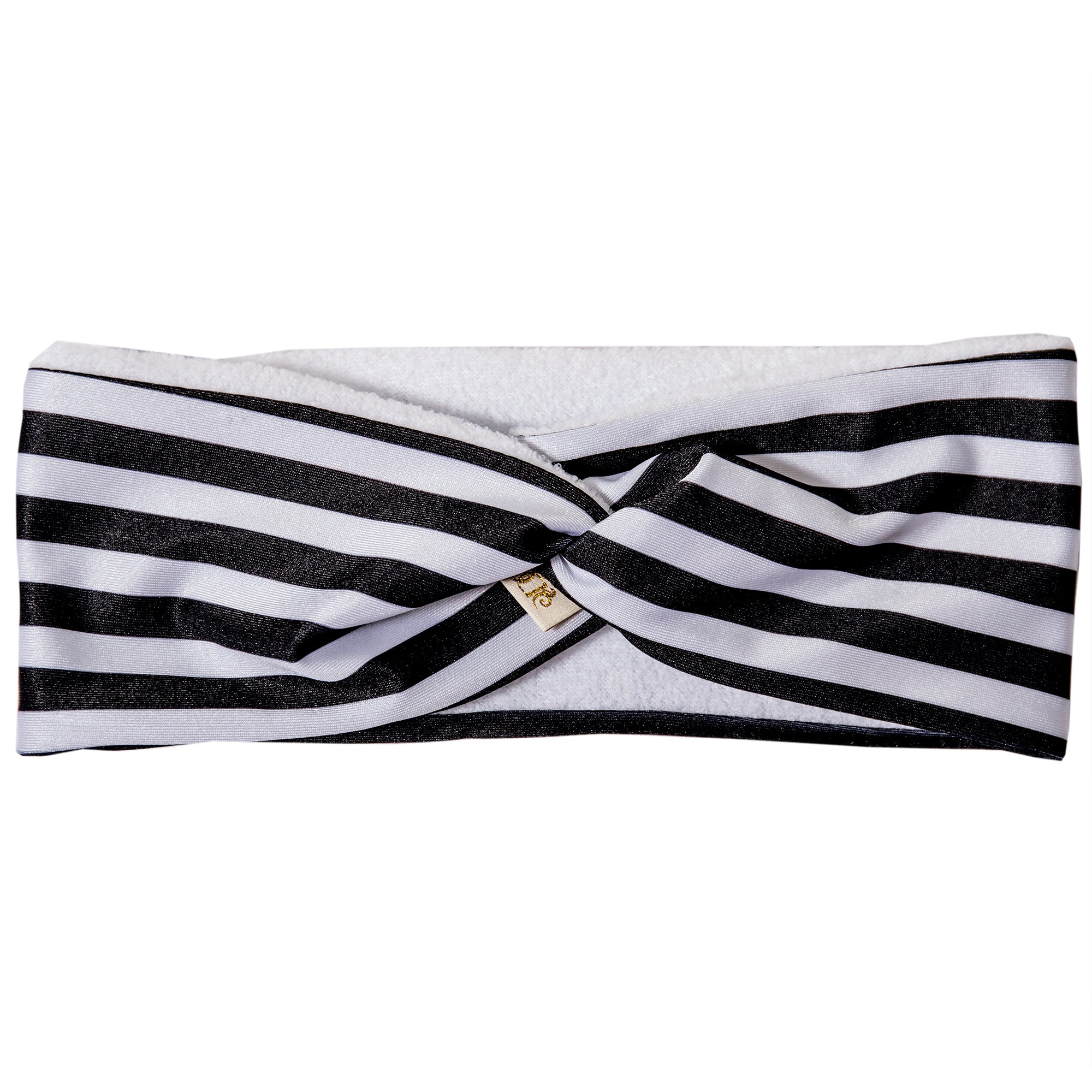 Black and white striped pull on lycra hairband, with white microfibre lining, with twist at top