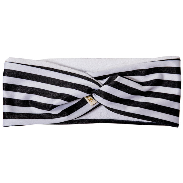 Black and white striped pull on lycra hairband, with white microfibre lining, with twist at top
