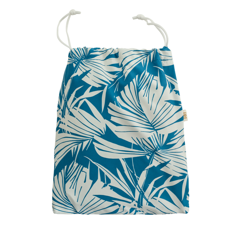 Blue and white palm stretch lycra washbag with white cord pulls and white waterproof lining