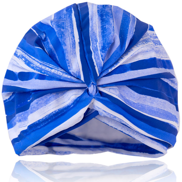 Blue & white wave print lycra pull on waterproof shower turban, with pretty gathered knot at front.

