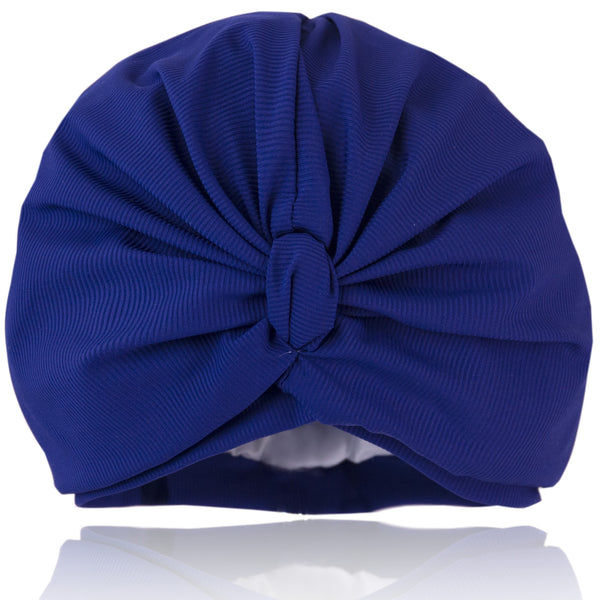 Plain royal blue lycra pull on waterproof shower turban, with pretty gathered knot at front