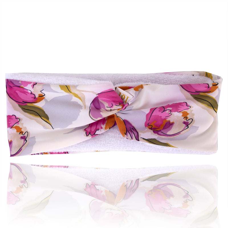 Pink tulip print hairband, with white microfibre lining, with twist at top
