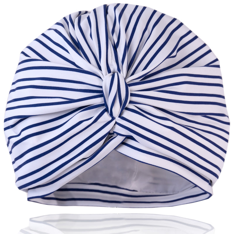 Navy stripe on white background lycra pull on waterproof shower turban, with pretty gathered know at front.
