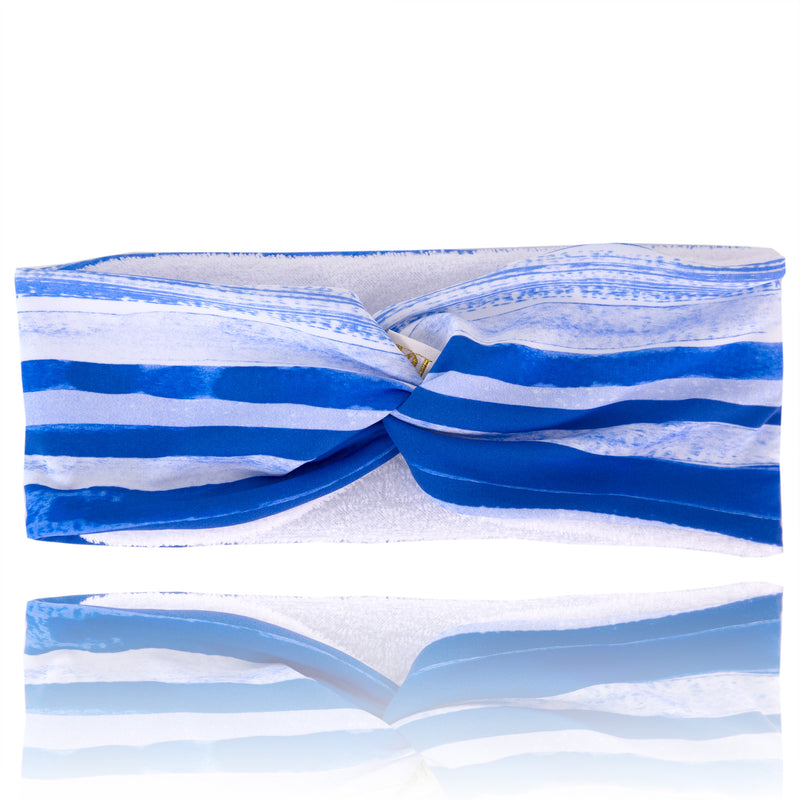 Blue & white wave print hairband, with white microfibre lining, with twist at top.
