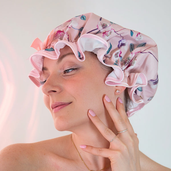 Pink Rose Satin Shower Cap