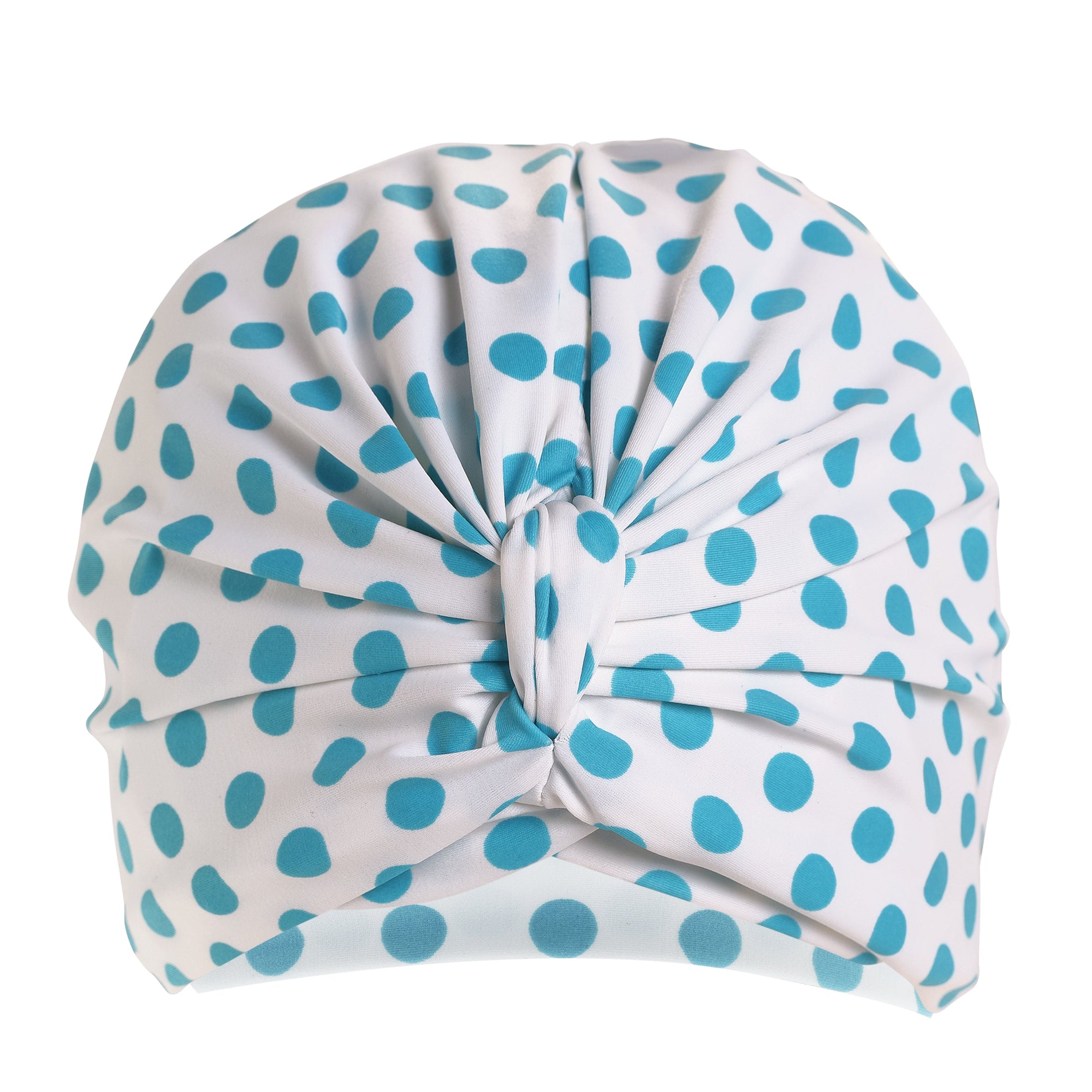 Aqua spots on white lycra pull on waterproof turban, with pretty gather and knot at front.