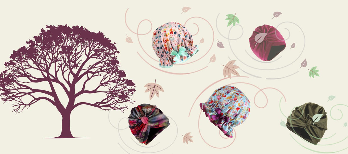 Leaves and autumnal coloured hats falling from a tree and being blown in the wind