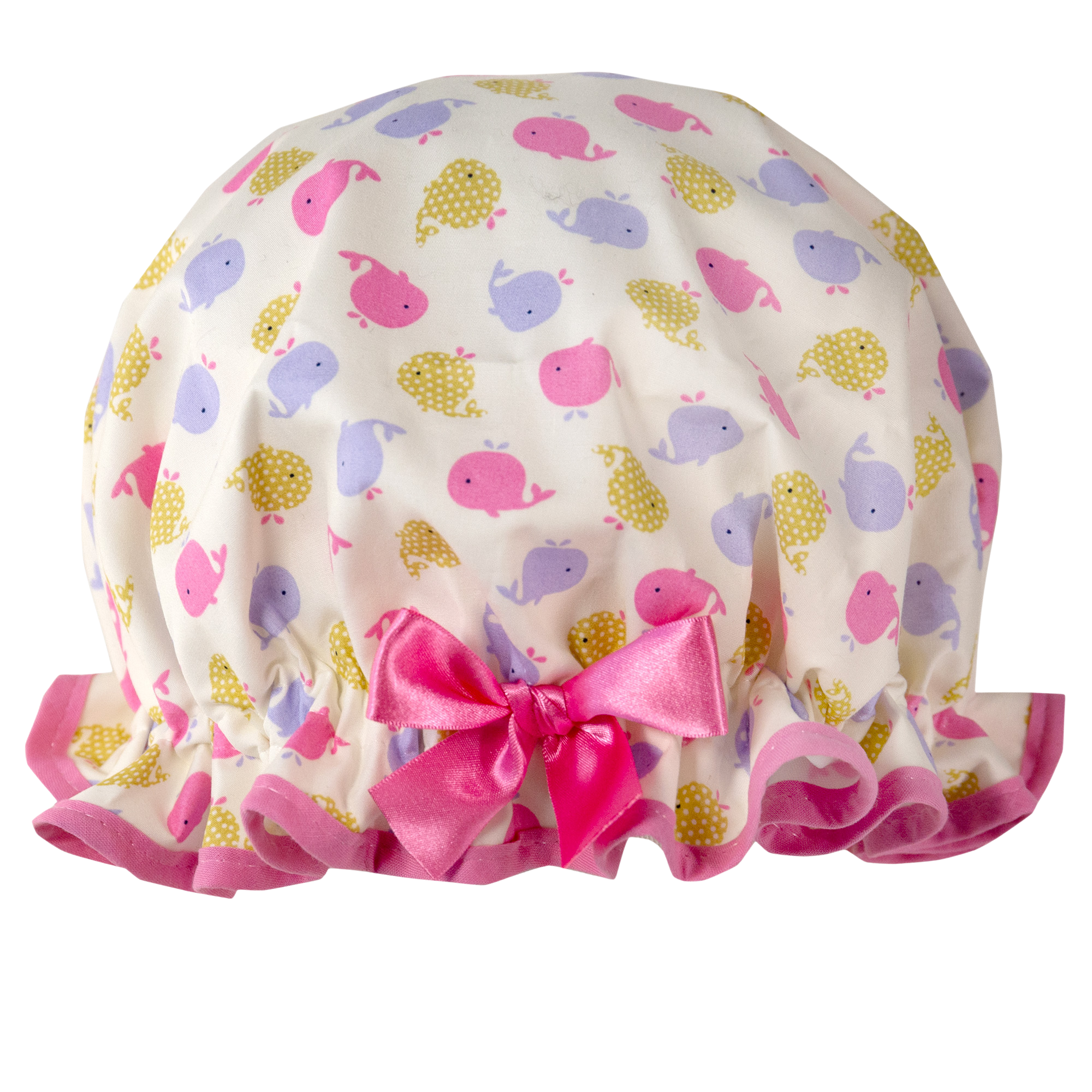 Vintage style, kids cotton shower cap,  Frilled edge, pink, lilac, yellow spouting whales on an ivory background. Pink trim and matching satin bow.
