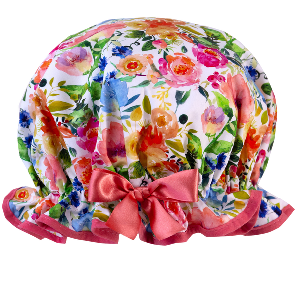 Vintage style, women's large cotton shower cap.  Frilled ege,  bright bold multi-coloured floral print trimmed in peach cotton and matching satin bow.