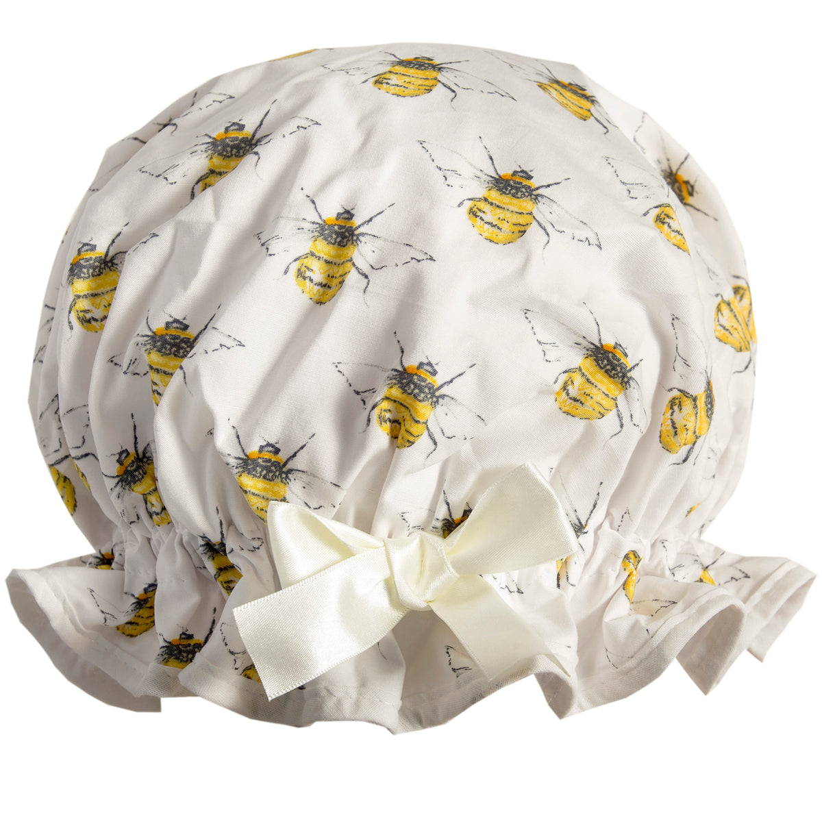 Vintage style cotton shower cap.  Frilled edge, symmetric bee print on ivory background with ivory trim and bow.