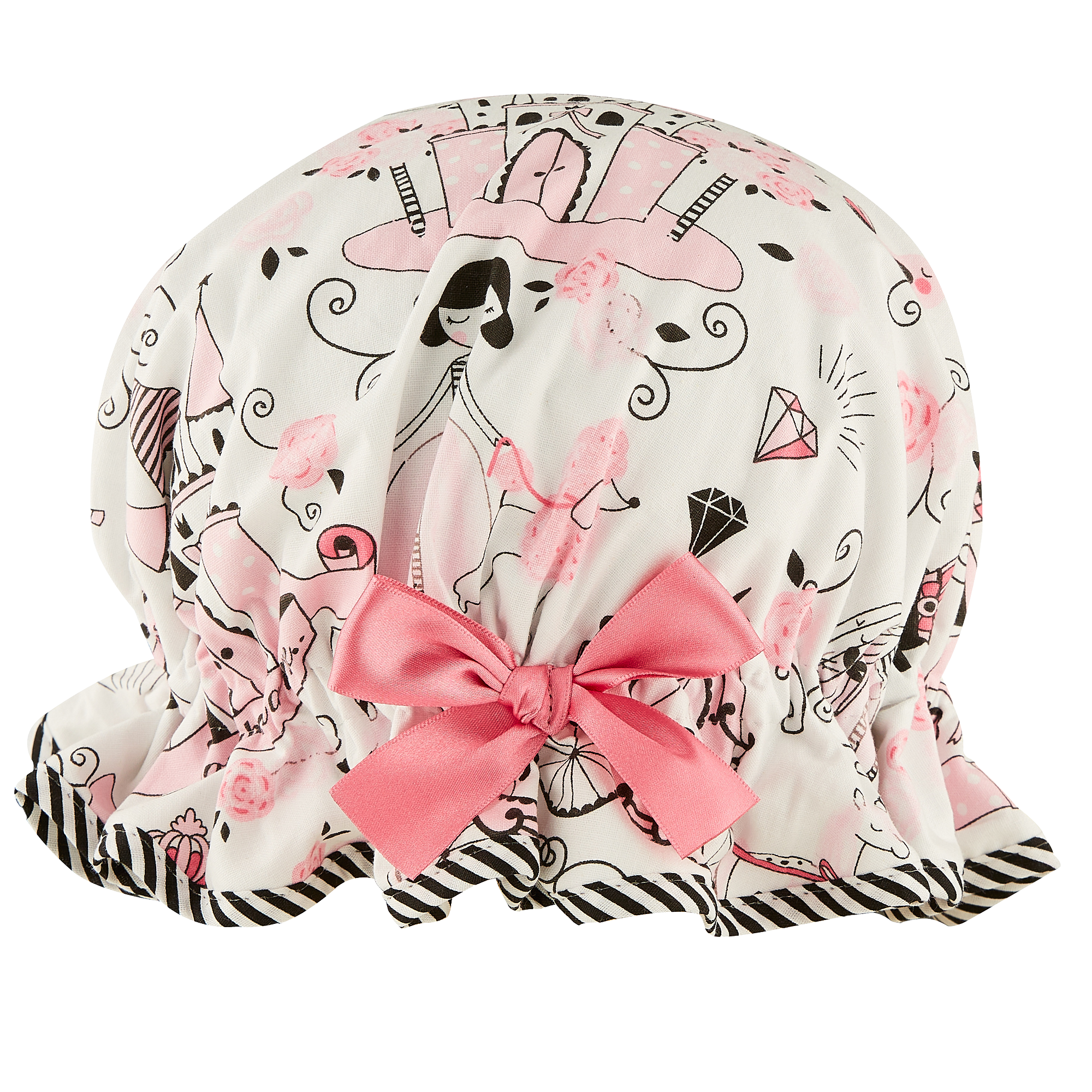Vintage style kid's cotton shower cap.  Frilled edge, pink and black princess and unicorn drawn carriage cotton print with castles and jewels. Black and white striped trim with pale pink bow.
