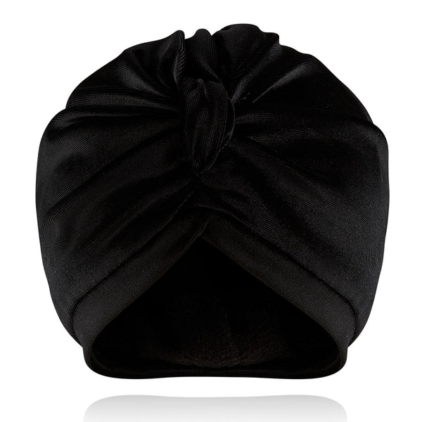 Plain black velour pull on towelling lined drying turban, with pretty gather and knot at front.
