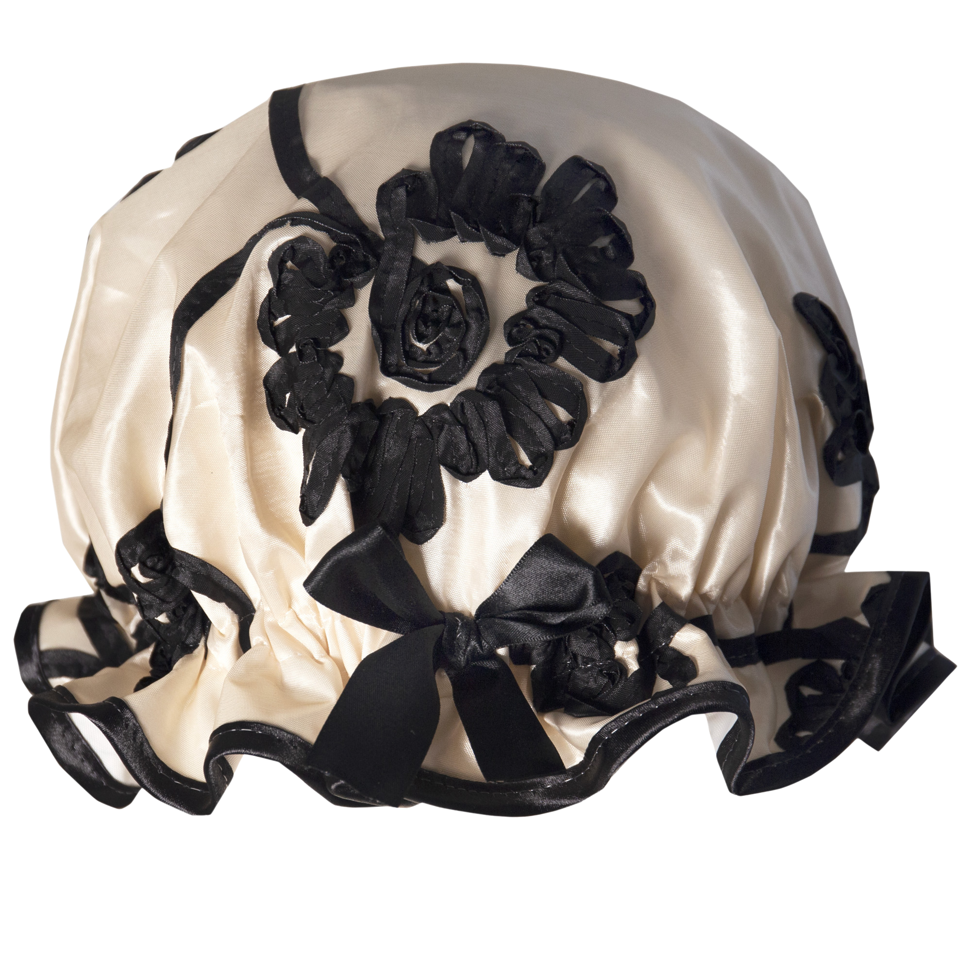 Vintage style women's taffeta shower cap.  Black swirly ribbons on a rich cream background. Trimmed in black with matching satin bow.
