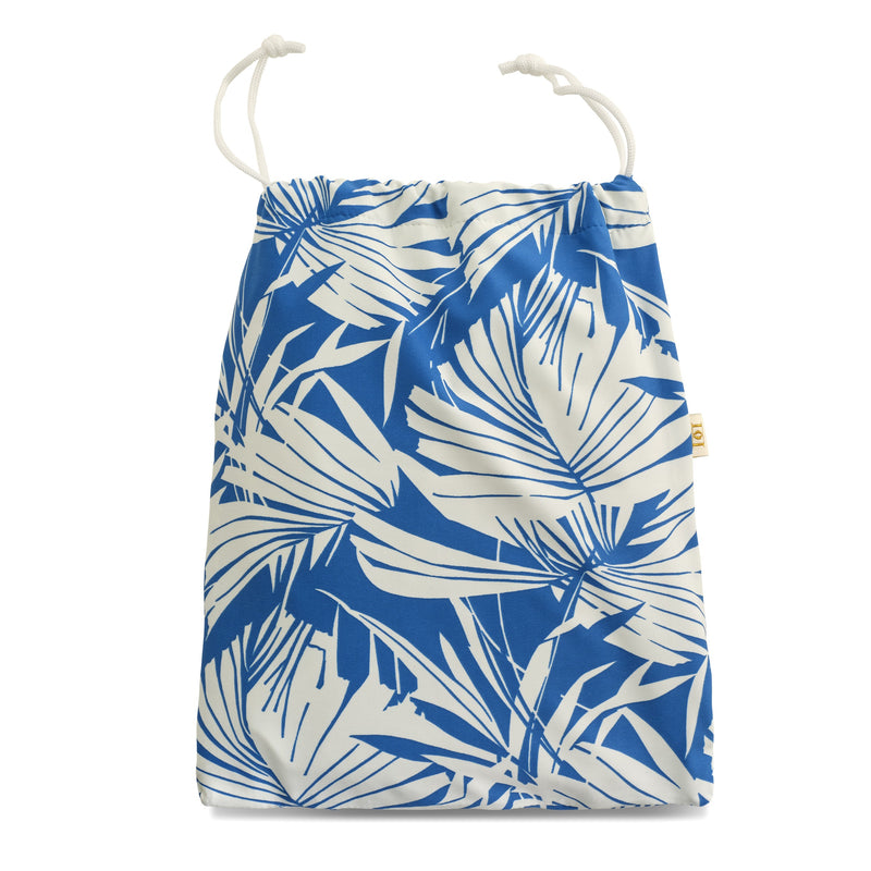 Blue and white palm stretch lycra washbag with white cord pulls and white waterproof lining
