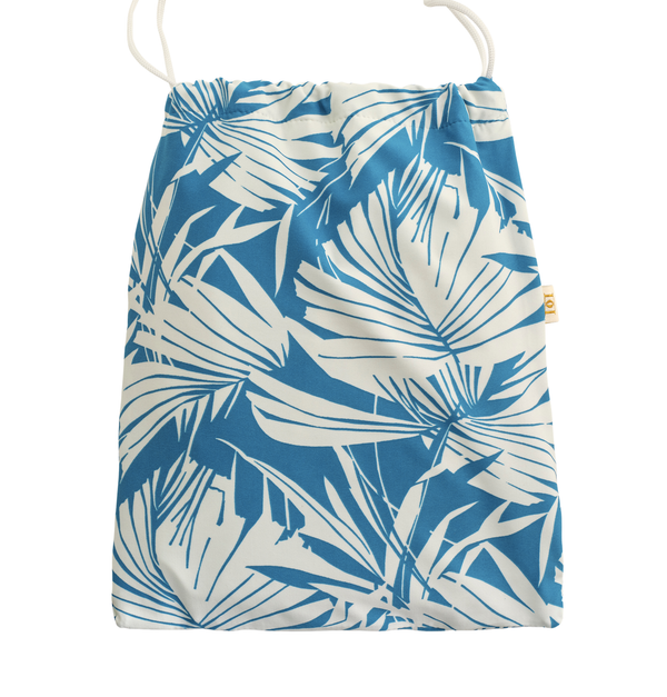 Blue and white palm stretch lycra wash bag with white cord pulls and white waterproof lining
