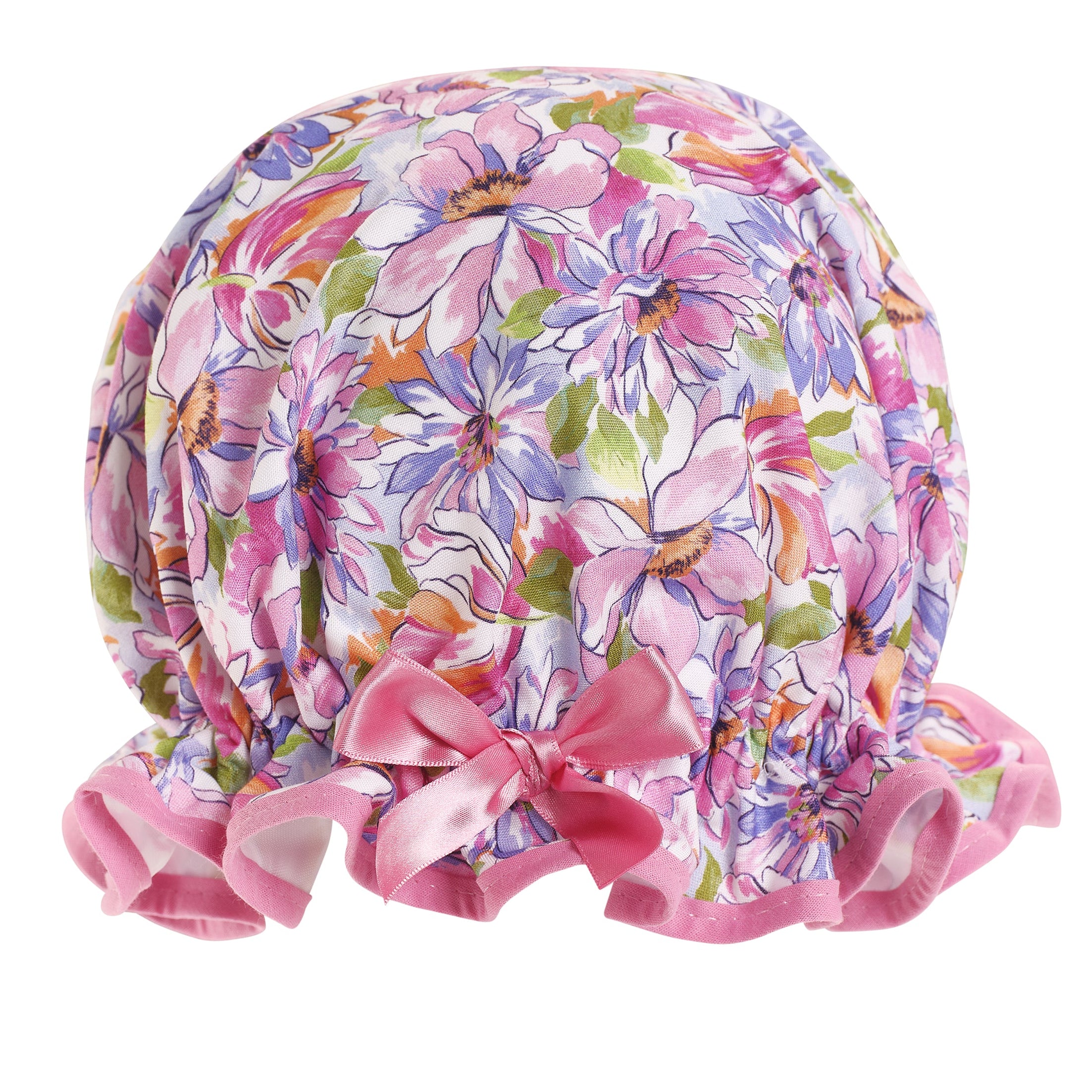 Vintage style women's roomy cotton shower cap.  Frilled edge, multi coloured floral prints in pinks and purples with pale pink trim and bow.