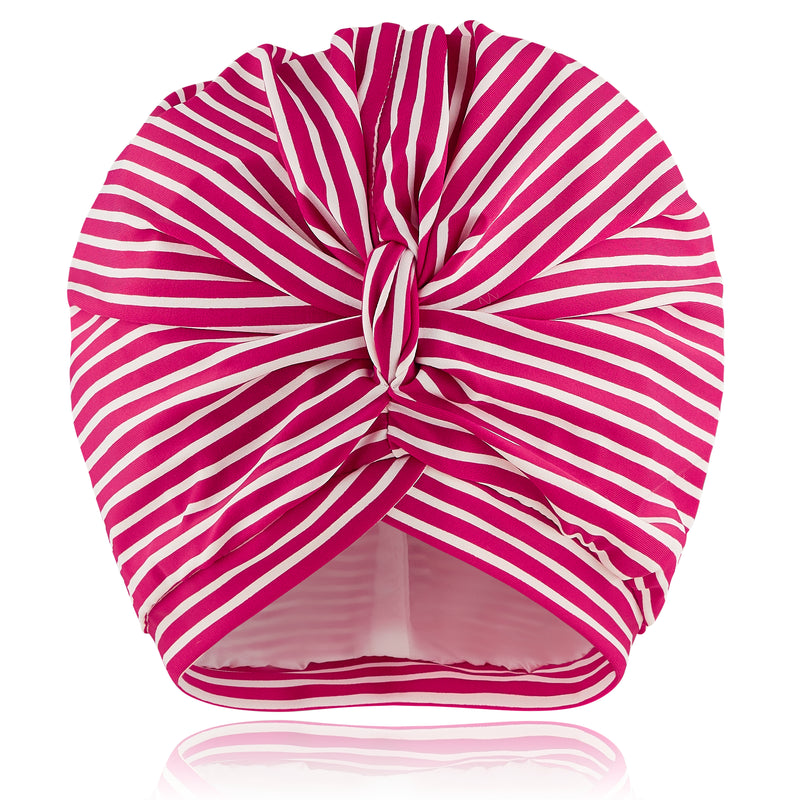 Deep pink and white stripe lycra print pull on waterproof turban, with pretty gathered knot at front