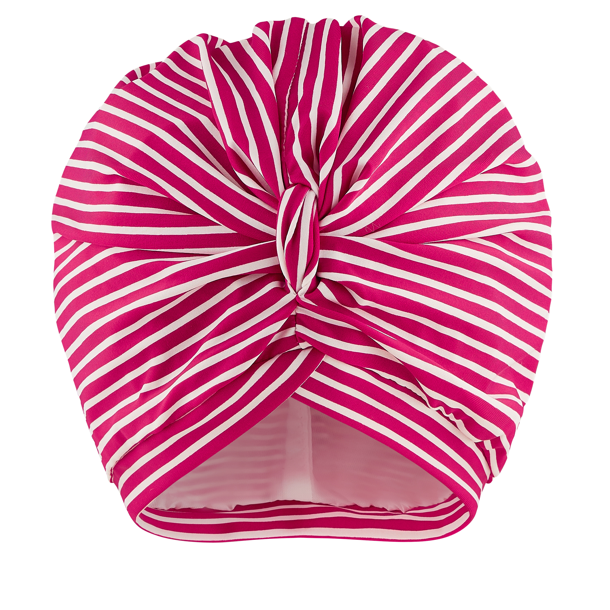 Deep pink and white stripe lycra print pull on waterproof turban, with pretty gathered knot at front

