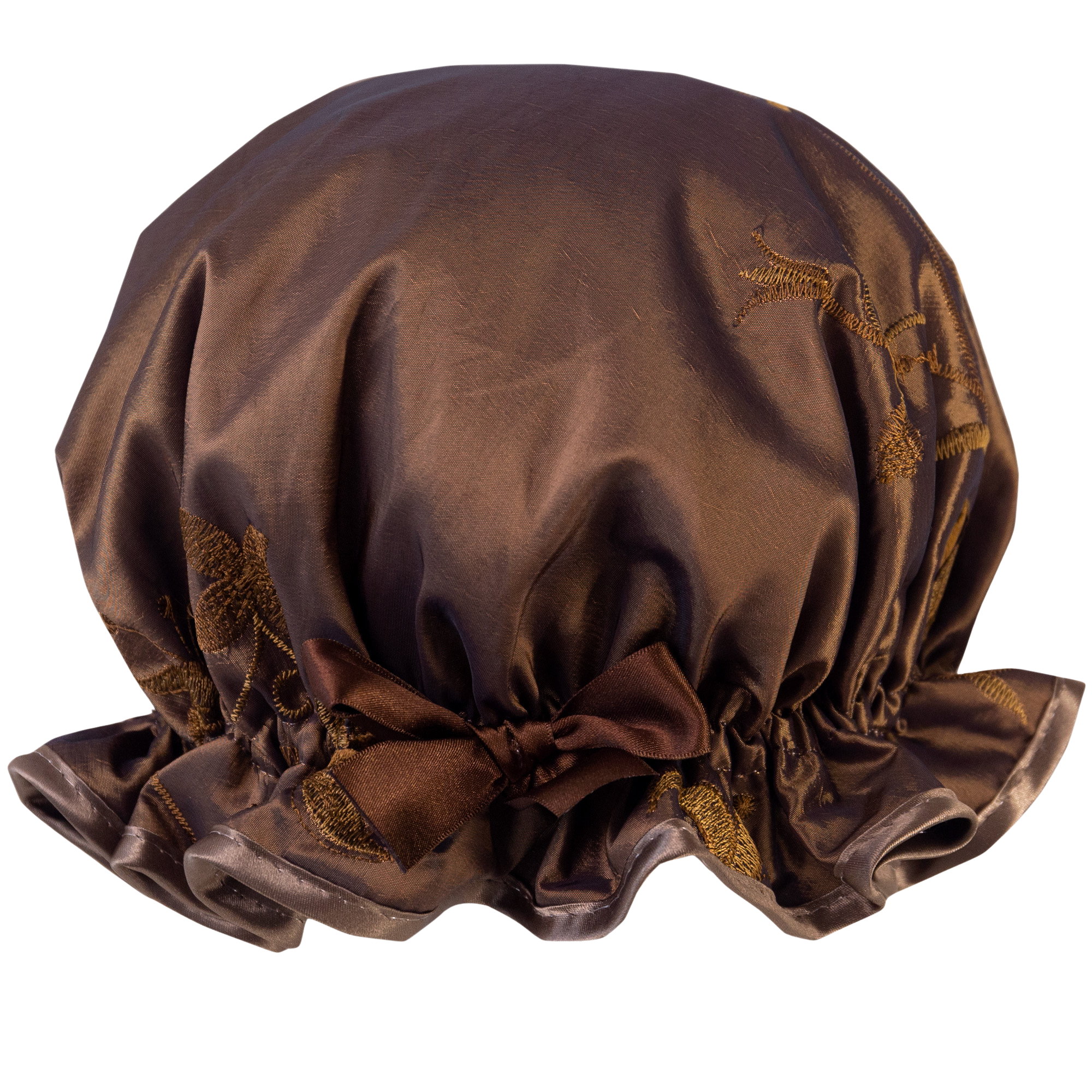 Vintage style, women's large deep brown taffeta shower cap.  Frilled ege, embroidered leaves, trimmed in rich dark brown satin and matching bow