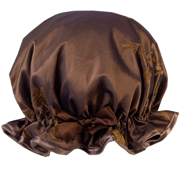 Vintage style, women's large deep brown taffeta shower cap.  Frilled ege, embroidered leaves, trimmed in rich dark brown satin and matching bow