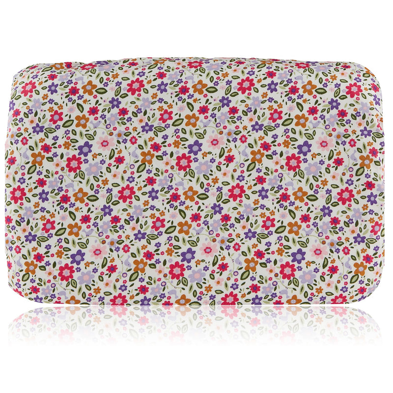 Soft waterproof rectangular bath pillow covered in a small pink, green and purple flower cotton print.  Two suckers on reverse. 