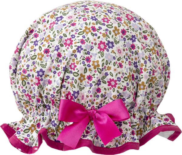 Vintage style, women’s large cotton shower cap. Frilled edge, small pink, green and purple flower print with cerise trim and matching satin bow.