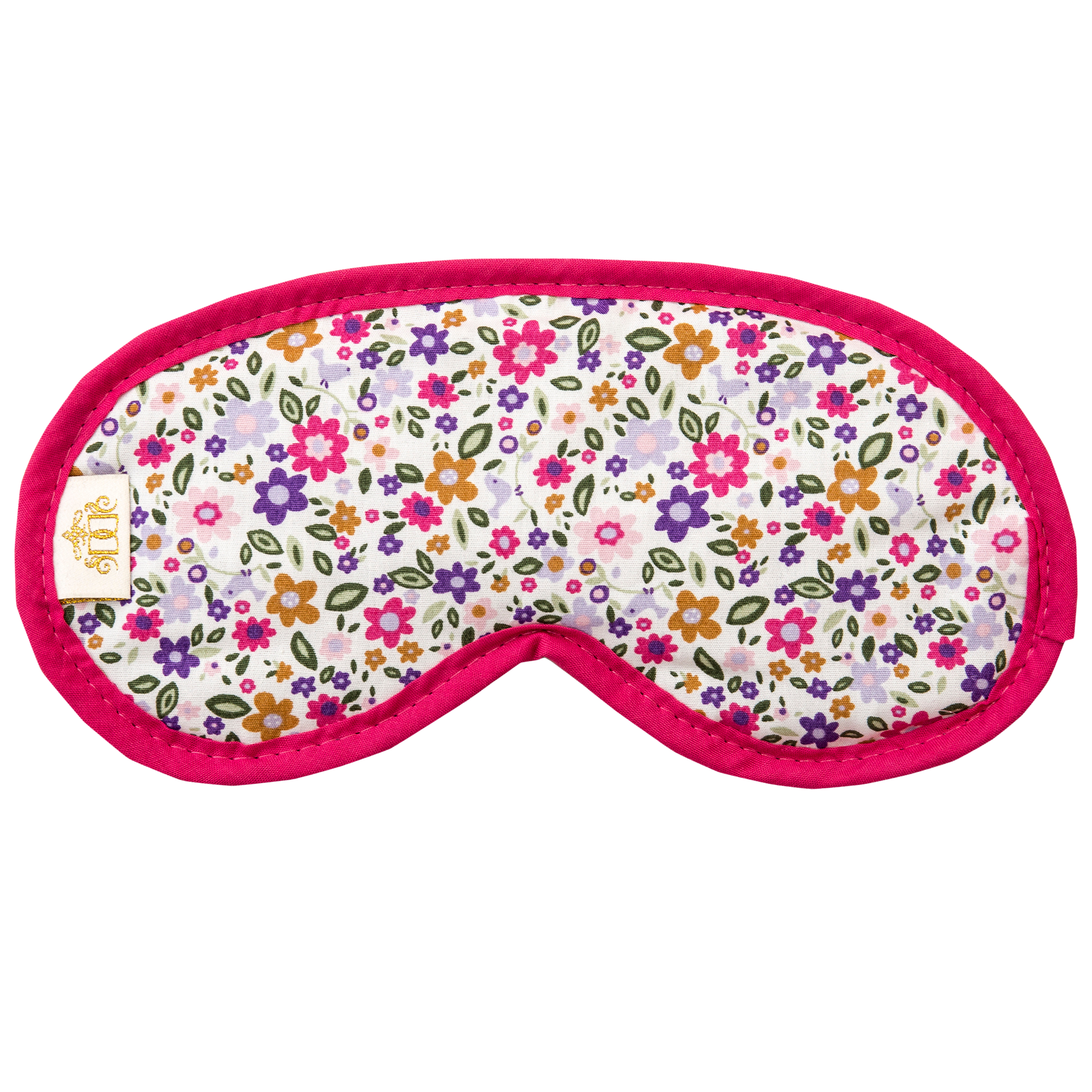 Small pink, green and purple flower print sleep mask.  Navy velour backing and elastic.  Edged in cerise.