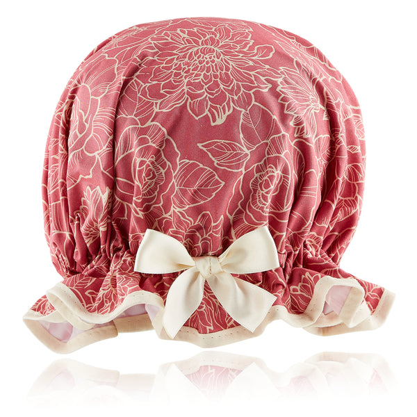 Vintage style, women’s large cotton  shower cap. Frilled edge, ivory flowers on dusky rose pink background with ivory trim and matching satin bow.