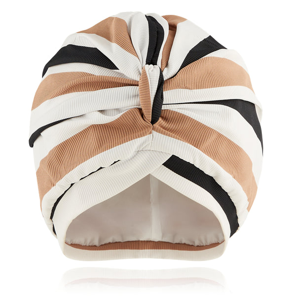 Beige, white and blue striped ribbed lycra pull on waterproof turban, with pretty gathered know at front