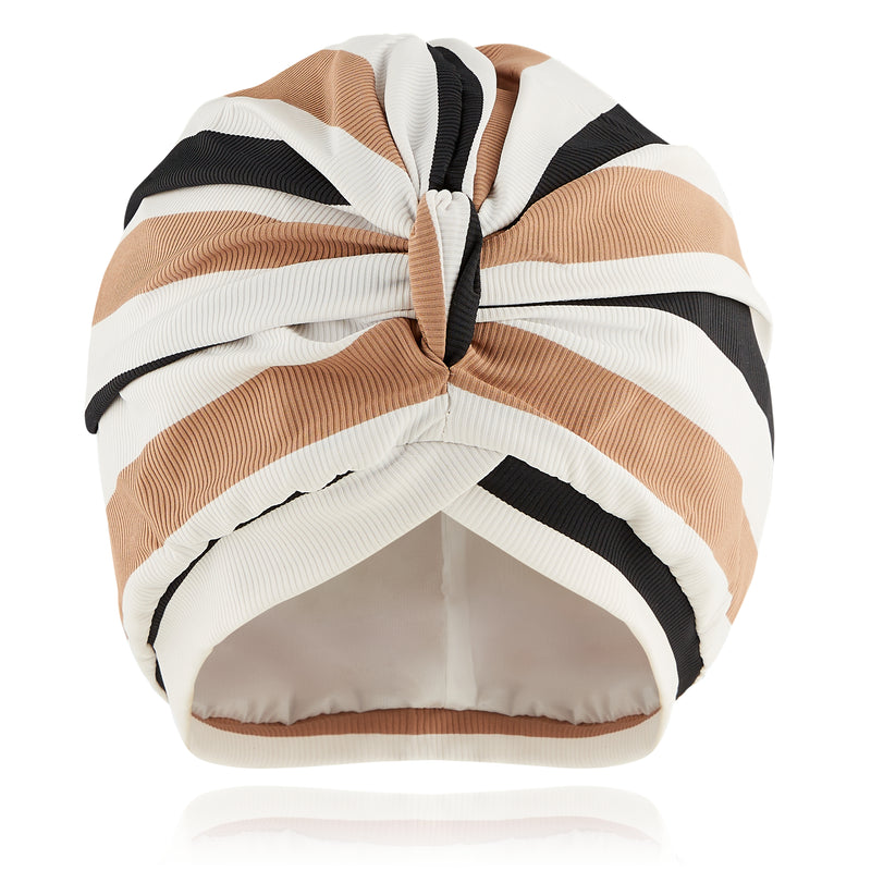 Beige, white and blue striped ribbed lycra pull on waterproof turban, with pretty gathered know at front