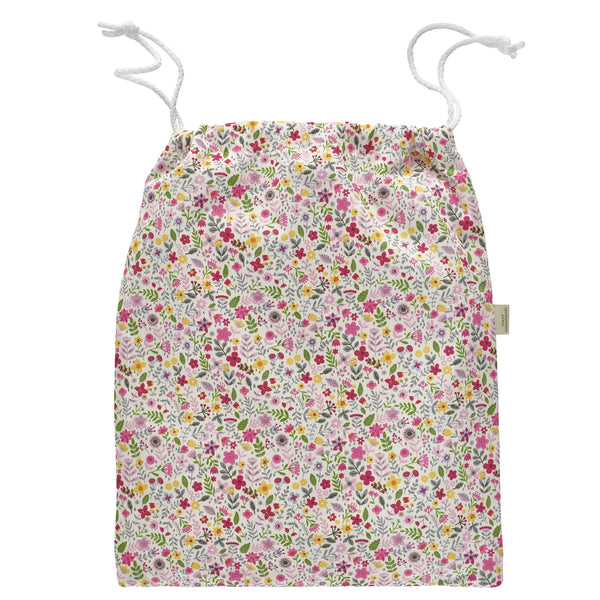 Flat multicoloured floral cotton print wash bag with white cord pulls and white waterproof lining
