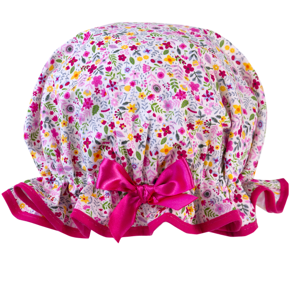 Vintage style, cotton shower cap.  Frilled edge, small pink, cerise, green, blue and yellow flower print, trimmed in bright pink cotton and matching satin bow.
