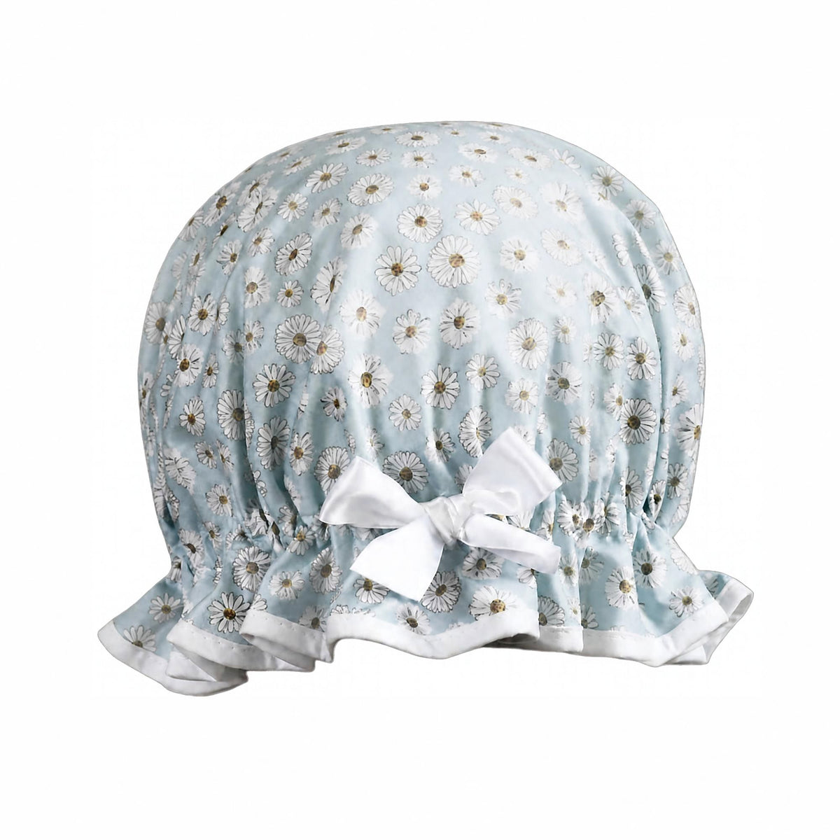 Vintage style women's roomy shower cap.  Frilled edge, white daisies on blue background cotton print with crisp white trim and matching satin bow