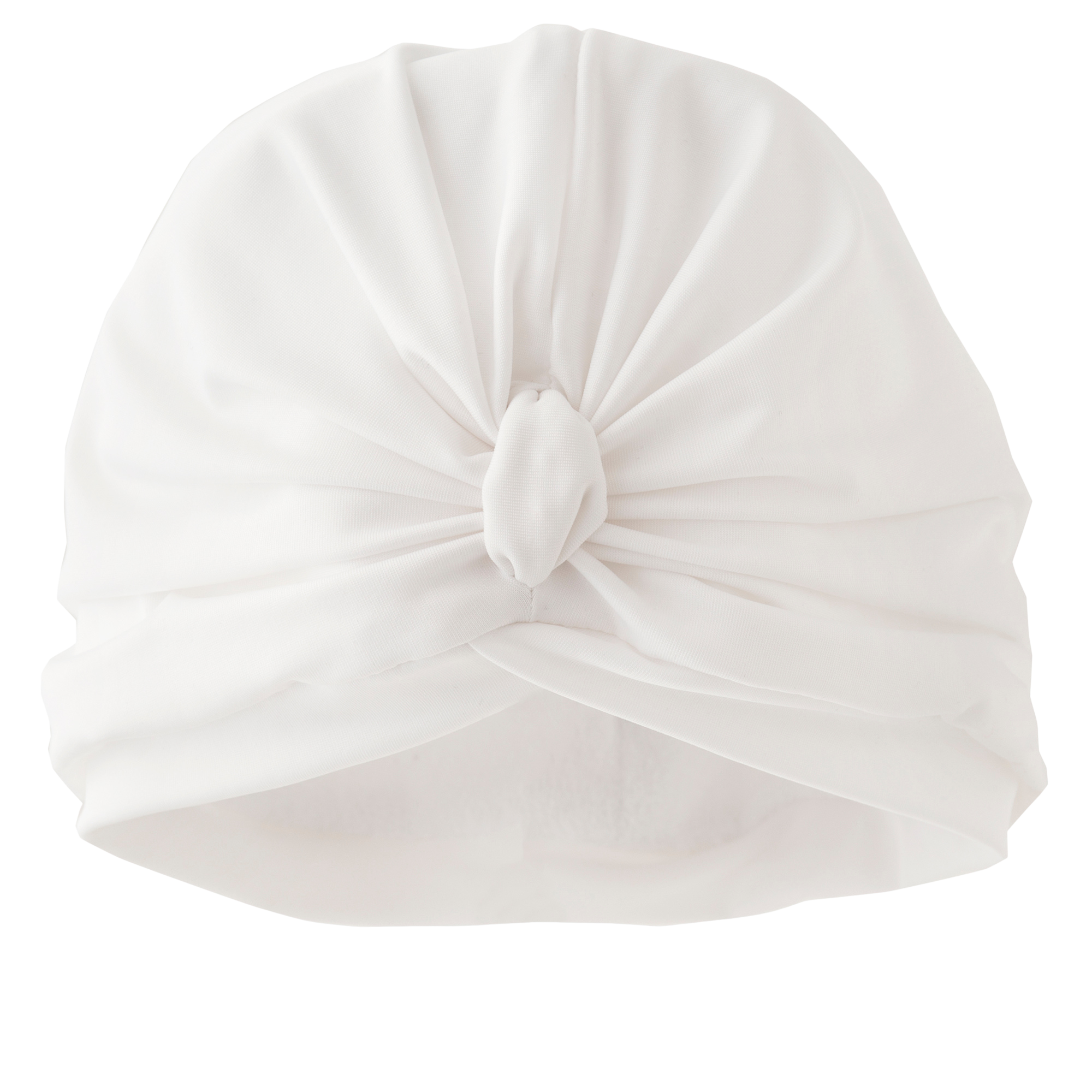 Plain white lycra pull on bamboo jersey lined drying turban, with pretty gather and knotted at front.
