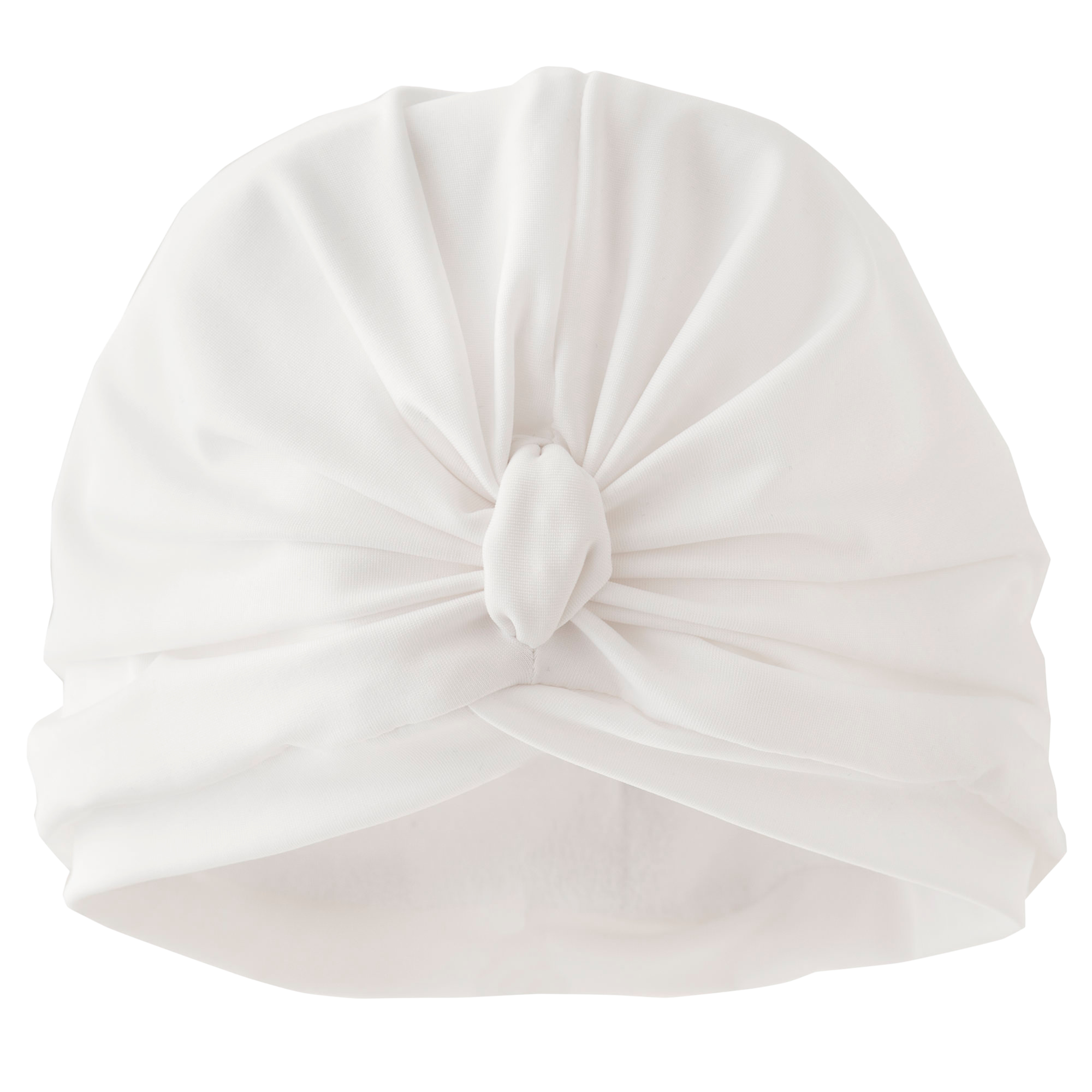Plain white lycra pull on waterproof turban, with pretty gather and knotted at front.
