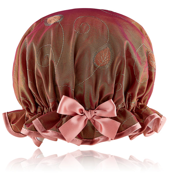 Two tone taffeta vintage style frill shower cap. Copper and dusky pink.  Leaf style embroidery.  Pink trim and satin bow.