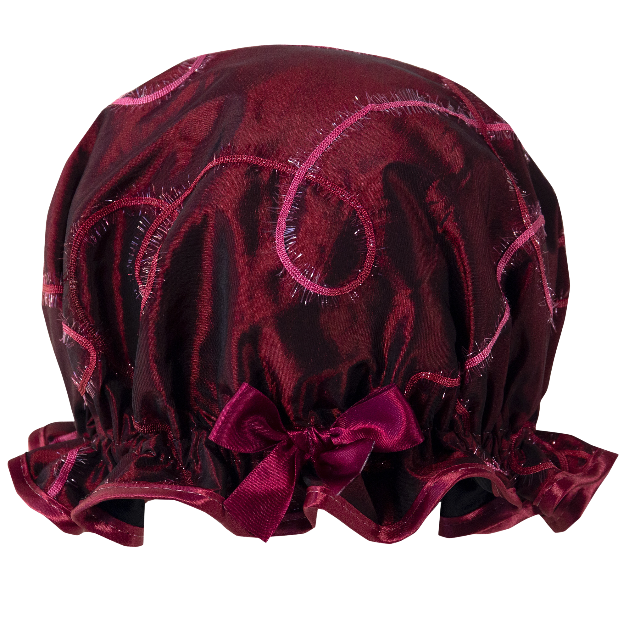 Ruby Red taffeta vintage style frill shower cap. Swirl style embroidery.  Ruby trim and matching satin bow.