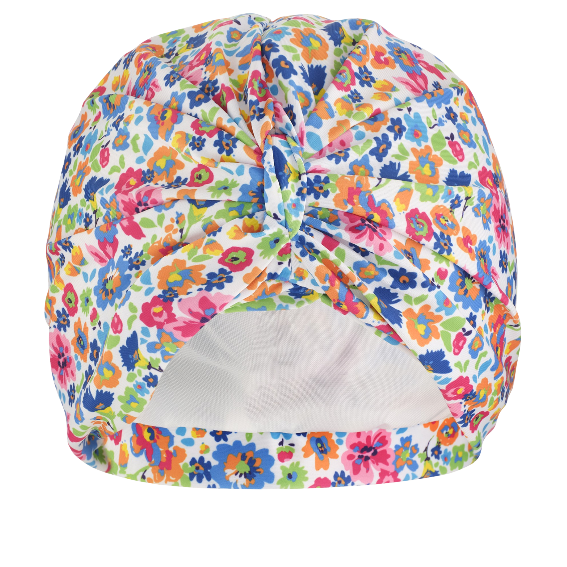 Multi-coloured floral print on white lycra background pull on lightweight waterproof lined shower turban, with pretty gathered knot at front
