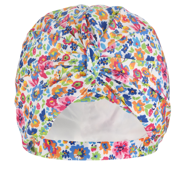 Multi-coloured floral print on white lycra background pull on turban, with pretty gathered knot at front
