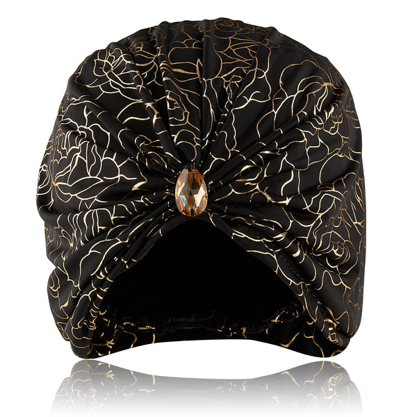 Black lycra turban with golden rose outline print, pull on waterproof turban with golden gemstone on gathered front