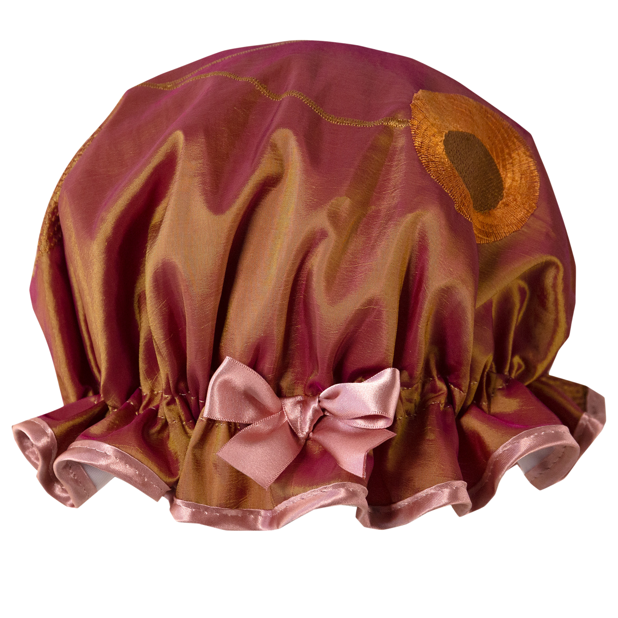 Two tone taffeta vintage style frill embroidered shower cap. Gold and soft pink.  Antique rose trim and satin bow.