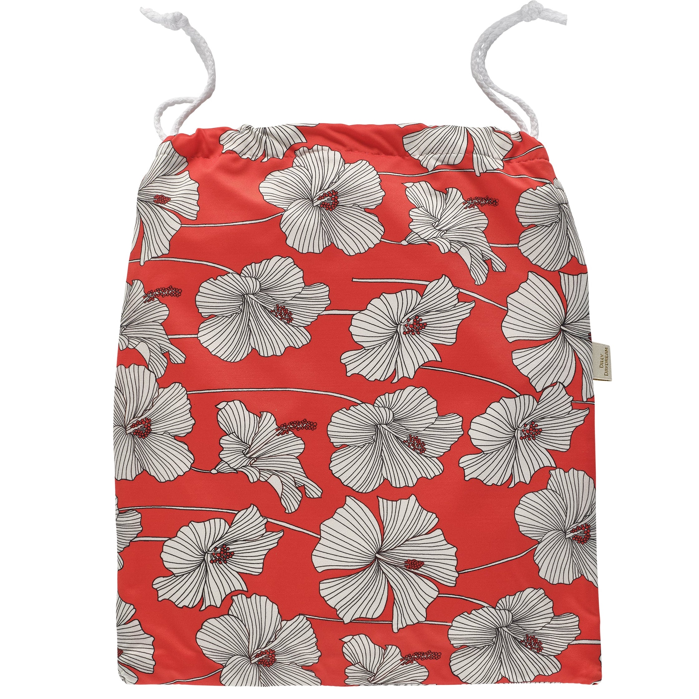 Cream and red lycra hibiscus print wash bag with white cord pulls and white waterproof lining